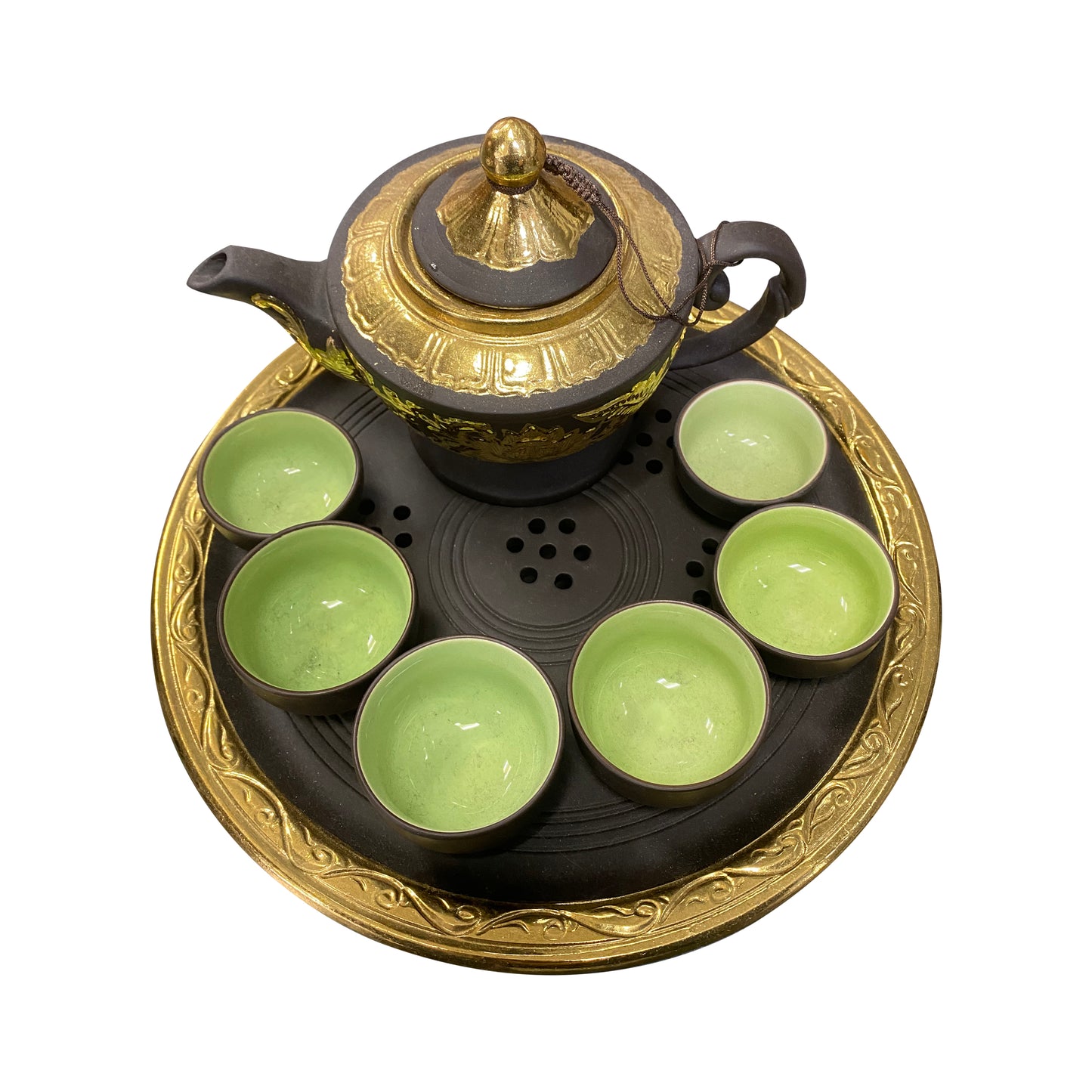 Bat Trang 6 Cup Terracotta Tea Set Golden Round Tray Bo Am 6 Chen Vien Vang 1set x 1