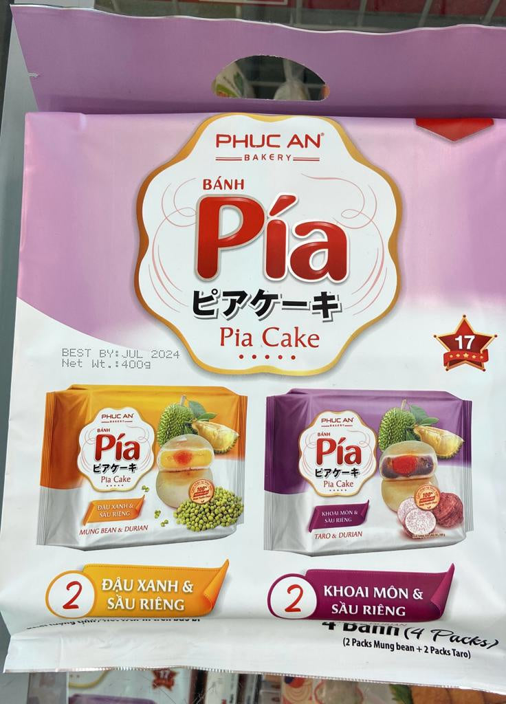 501231 Phuc An Pia Cake Mung Bean Durian - Taro Durian (1 Yolk) Banh Pia Dau Xanh Khoai Mon 1 Trung 榴槤綠豆蓉蛋黃酥/榴槤芋蓉蛋黃酥 400gr x1