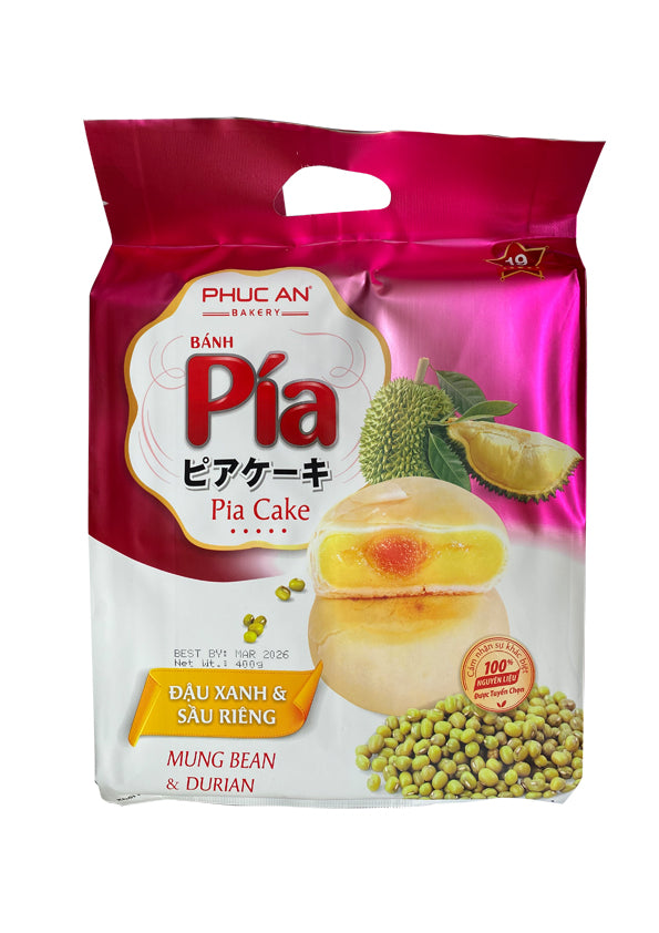 18037 Phuc An Pia Cake Mung Bean Durian (1 Yolk) Banh Pia Dau Xanh Sau Rieng 1 Trung Muoi 400g x1