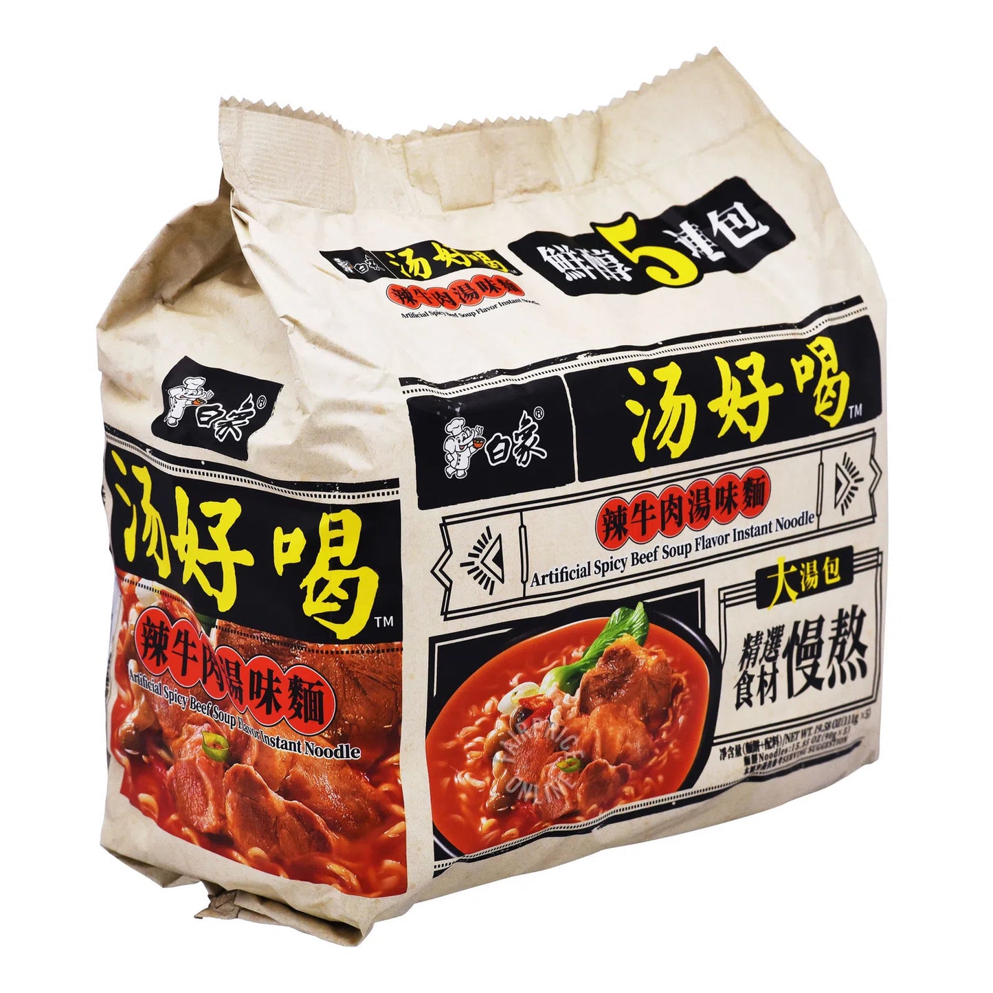 BX Noodle Artificial Spicy Beef Soup 5 Packs 白象湯好喝辣牛肉湯味面五連包 Mi Vi Bo Cay 5 Goi 555g x1