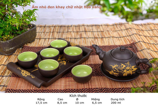 18652 Tea Set Black With Yellow Flower and Tray Bo Am Chen Den Hoa Vang Co Khay 1 set xc 1