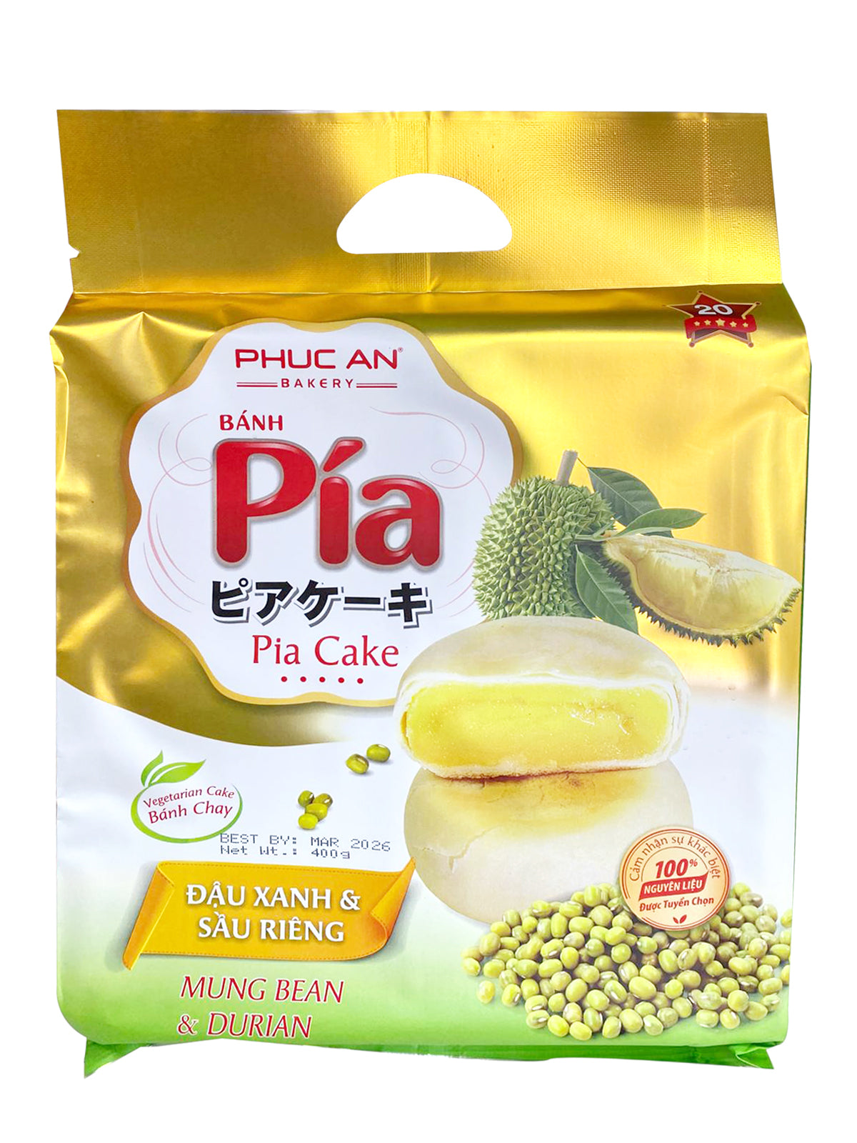 Phuc An Pia Cake Vegan Mung Bean Durian Banh Pia Dau Xanh Sau Rieng Chay 400g x1