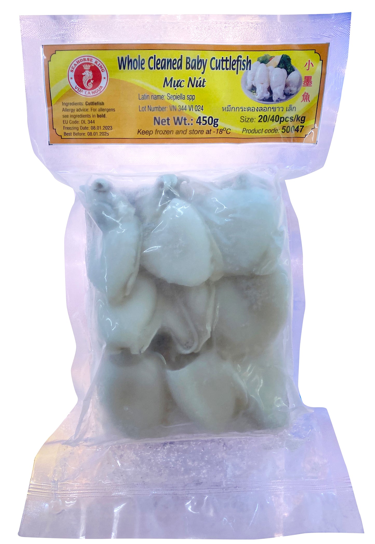 Cá ngựa King đông lạnh Nguyên con Mực nang làm sạch Mực Nut Nguyễn Con Size: 20/40 con/kg 450gr x 1