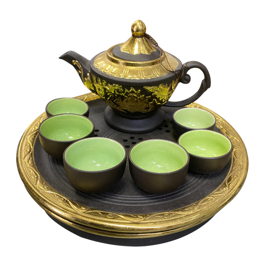 Bat Trang 6 Cup Terracotta Tea Set Golden Round Tray Bo Am 6 Chen Vien Vang 1set x 1