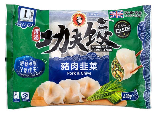 50115 KUNG FU Pork & Chive Dumplings 功夫水餃-豬肉韮菜Hoanh Thanh Heo He 400g x 1